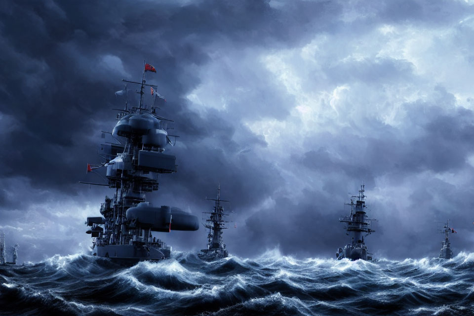 Warships in stormy seas under dramatic sky.