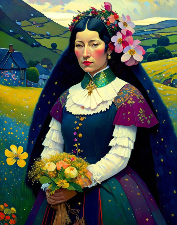 Traditional attire woman with floral headdress in scenic village painting