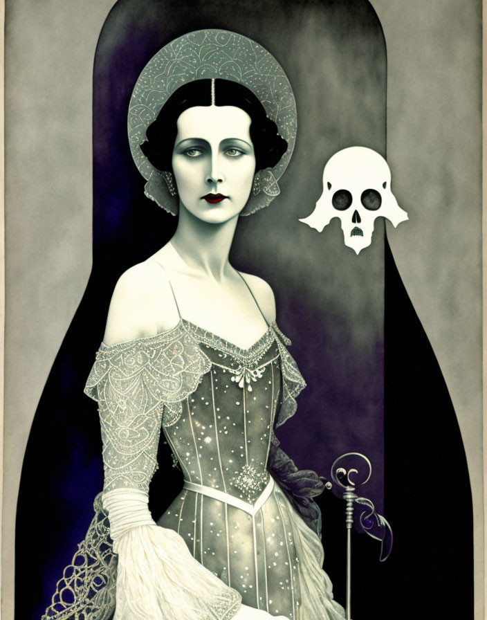 Vintage woman illustration with skull on art deco background