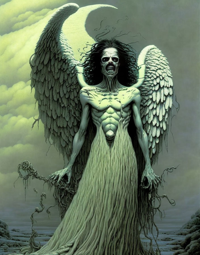 Skeletal-faced figure with white wings in flowing gown on moonscape