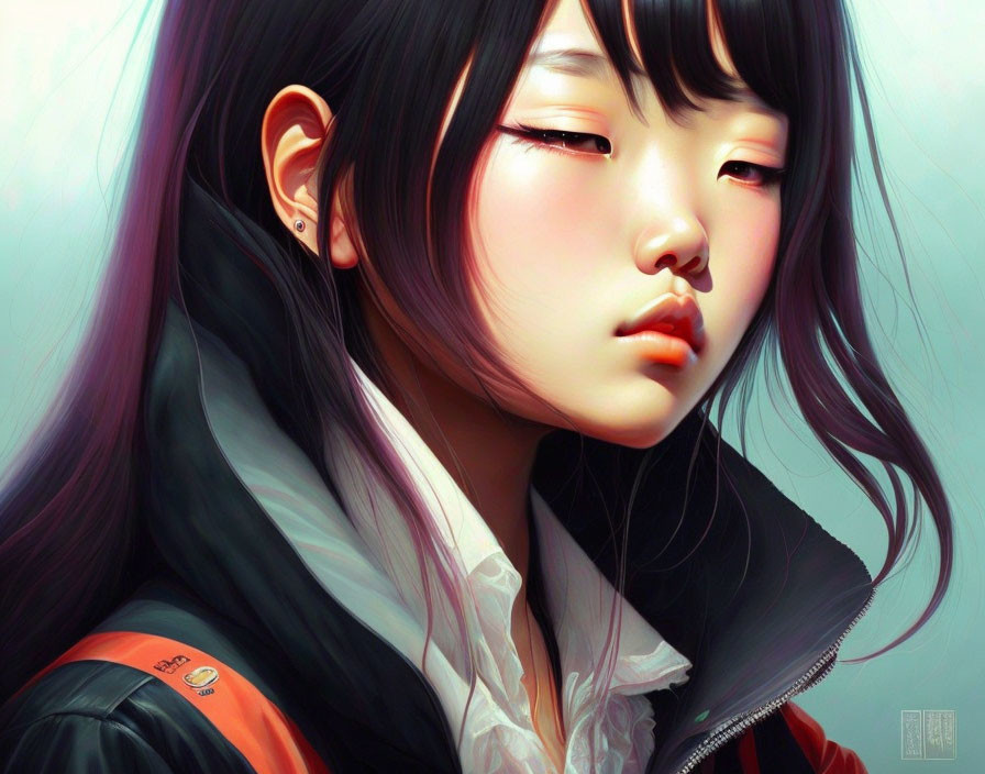 Detailed close-up of a girl with long black hair and rosy cheeks in an orange-detailed jacket