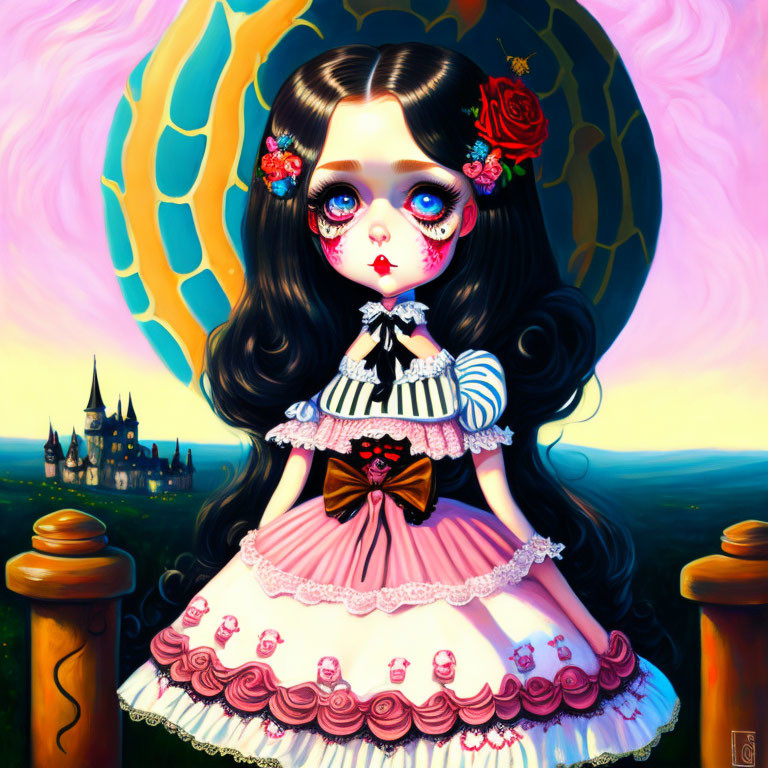 Stylized illustration of girl with large eyes in gothic makeup and frilly dress in whimsical