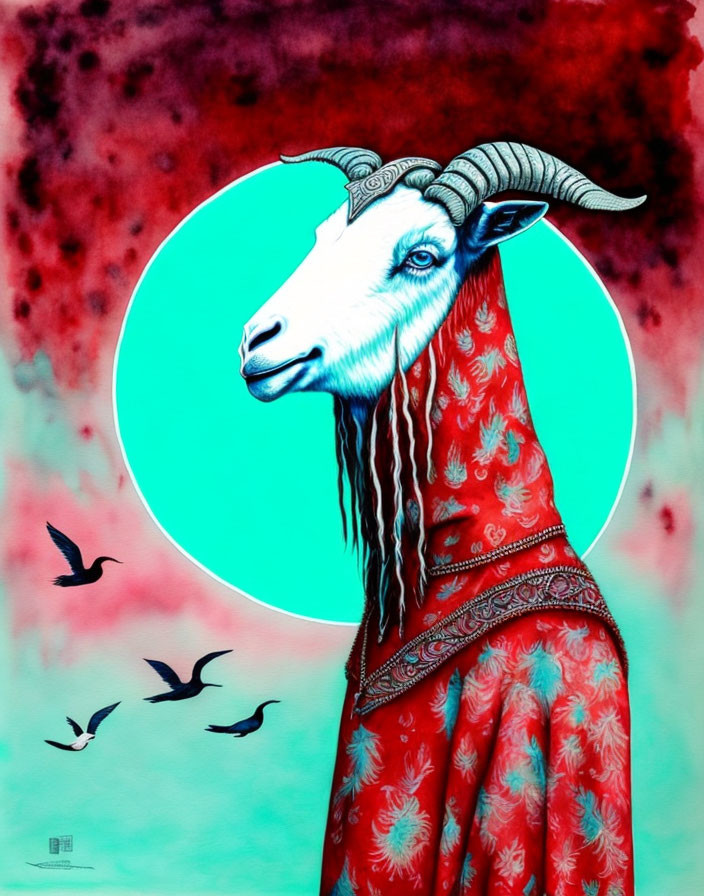 Stylized goat in red garment on turquoise backdrop with birds.