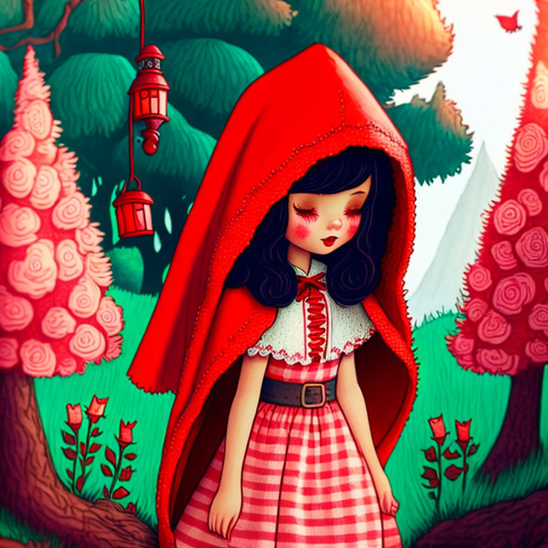 Stylized illustration of girl in red hood in forest with lantern and red flowers