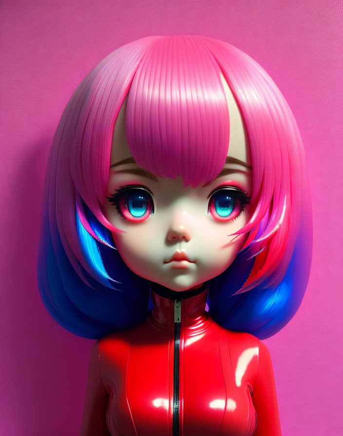 Stylized digital artwork: Female character with blue eyes, pink and blue bob cut hair, red