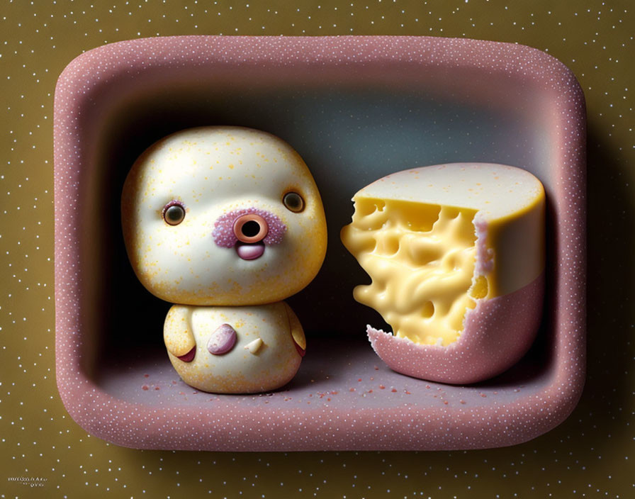 Cream-Colored Bear with Bitten Cheese Wedge in Dotted Box Illustration