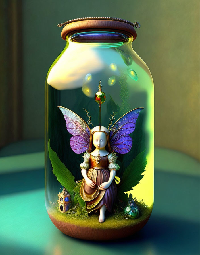 Fairy with iridescent wings in sealed jar on lush greenery