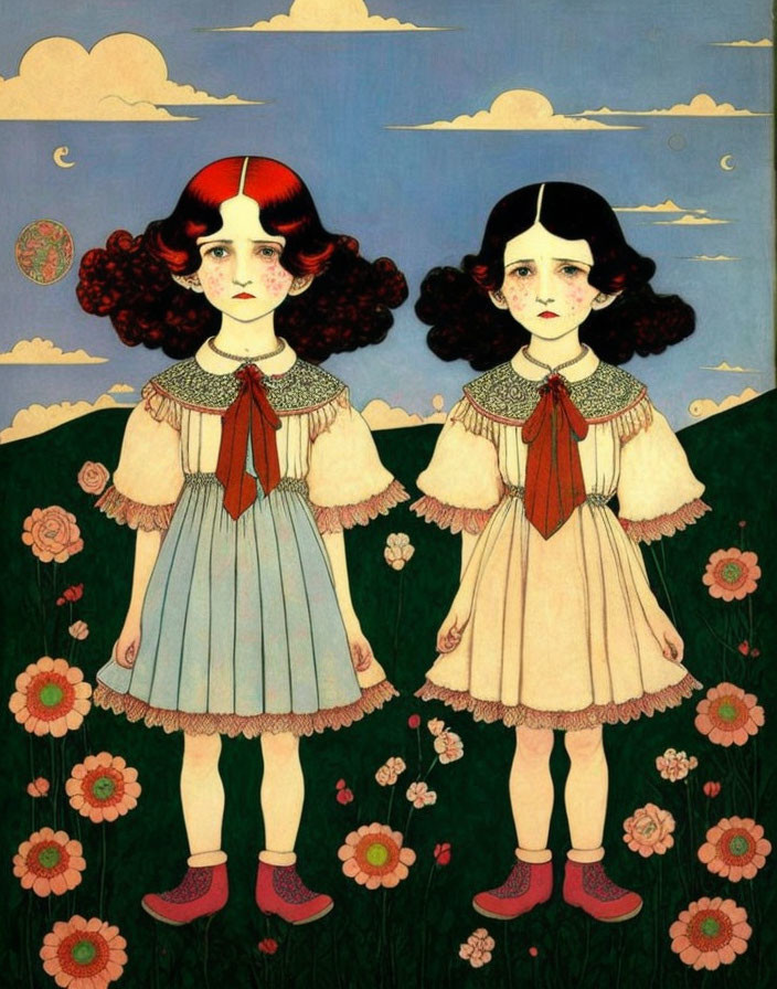 Illustration of two girls in matching dresses with red shoes surrounded by roses, set against a split night