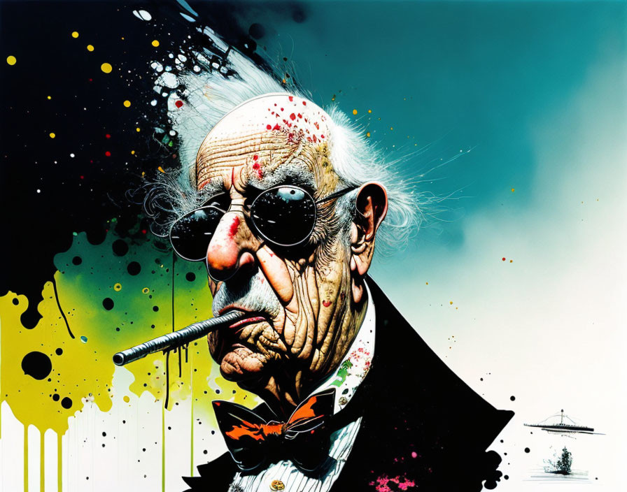 Illustration of stern elderly man smoking pipe with colorful paint splatters on white fence.