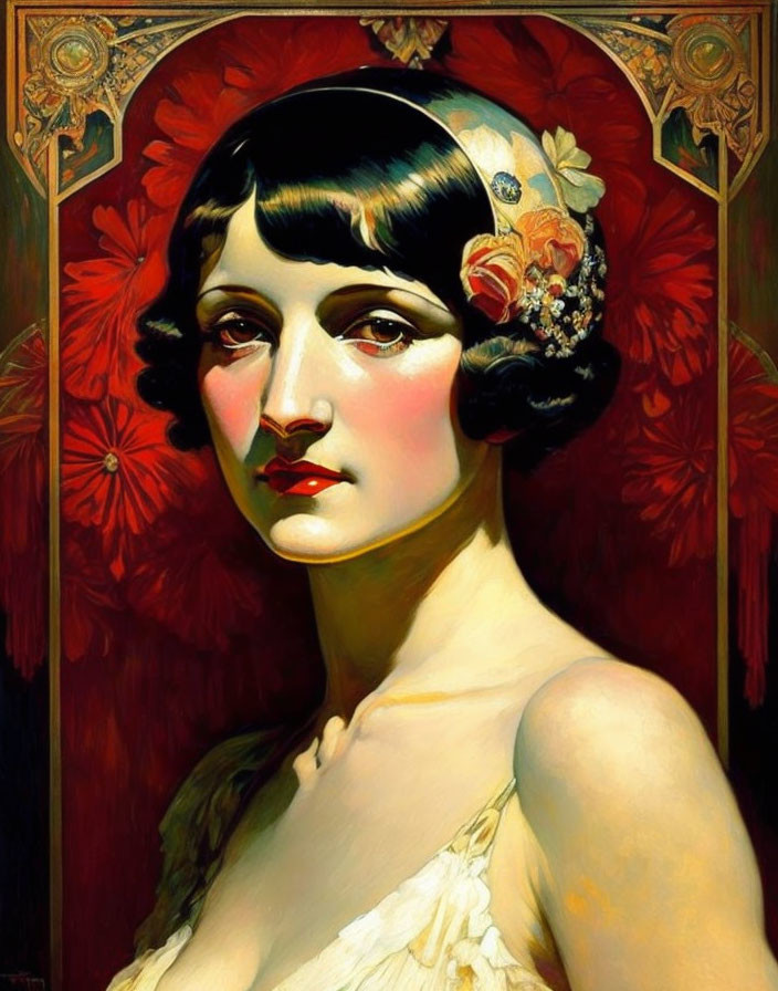 1920s Style Woman Portrait with Headband and Art Nouveau Background