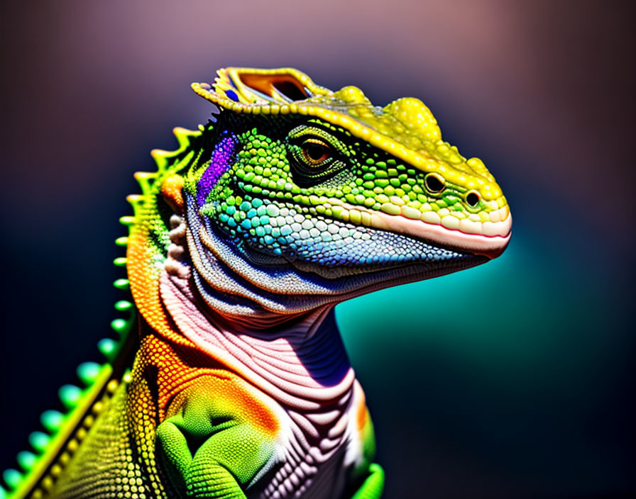 Colorful Digitally Colored Iguana on Multicolored Background