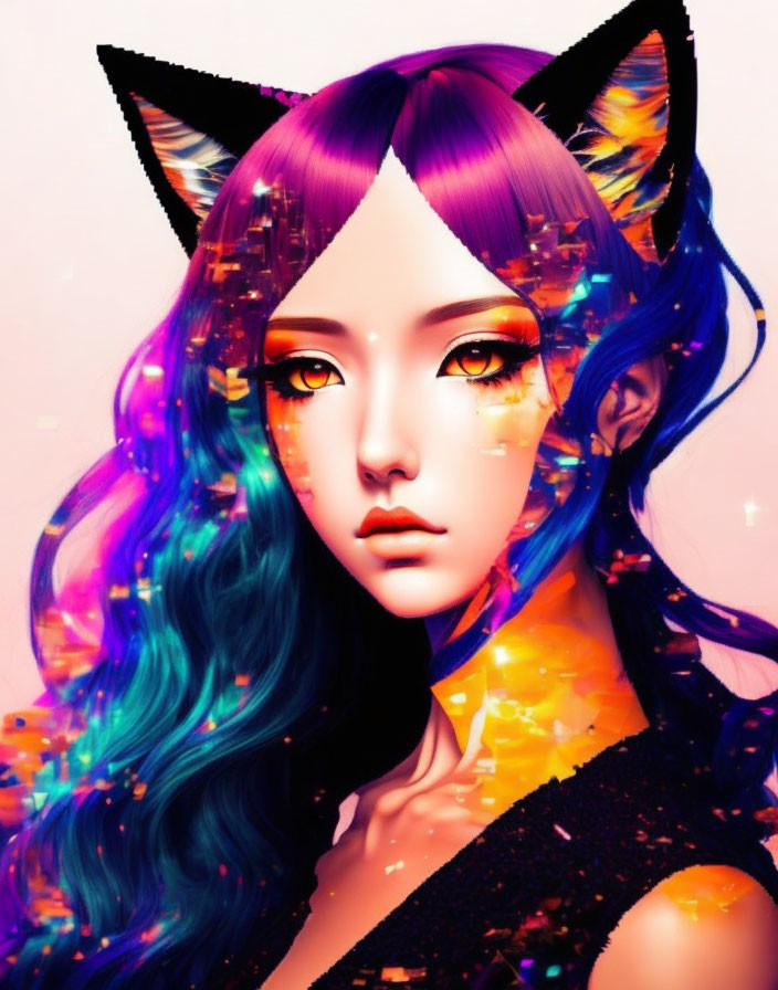 Colorful hair and cat ears on female figure in cosmic, iridescent theme on pink background