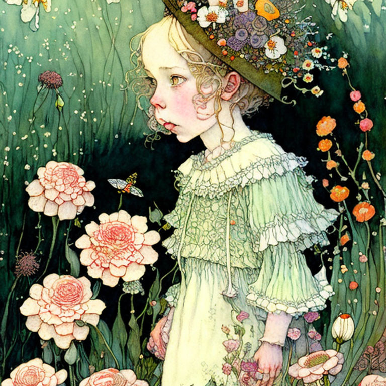 Illustrated young girl in lush garden with flowers and butterfly