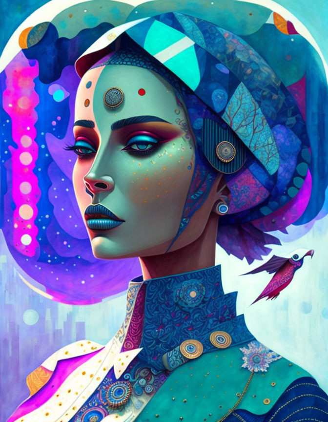 Colorful digital portrait of a woman with blue skin and geometric patterns.