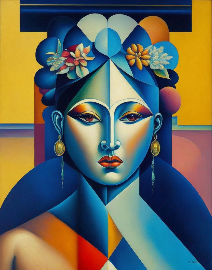 Vibrant geometric portrait of stylized woman with blue and yellow hues