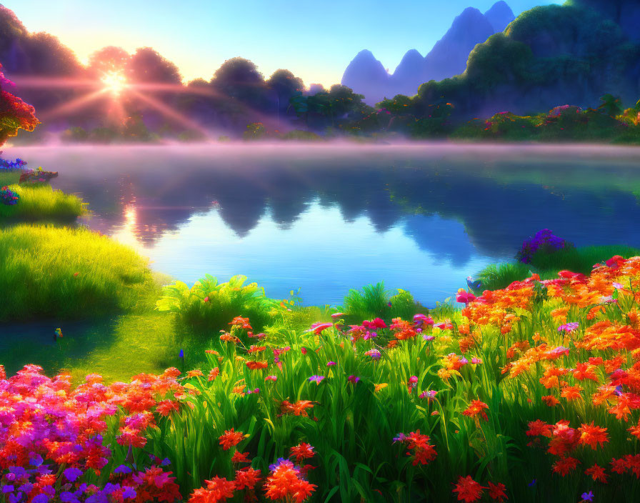 Scenic sunrise over serene lake with lush greenery