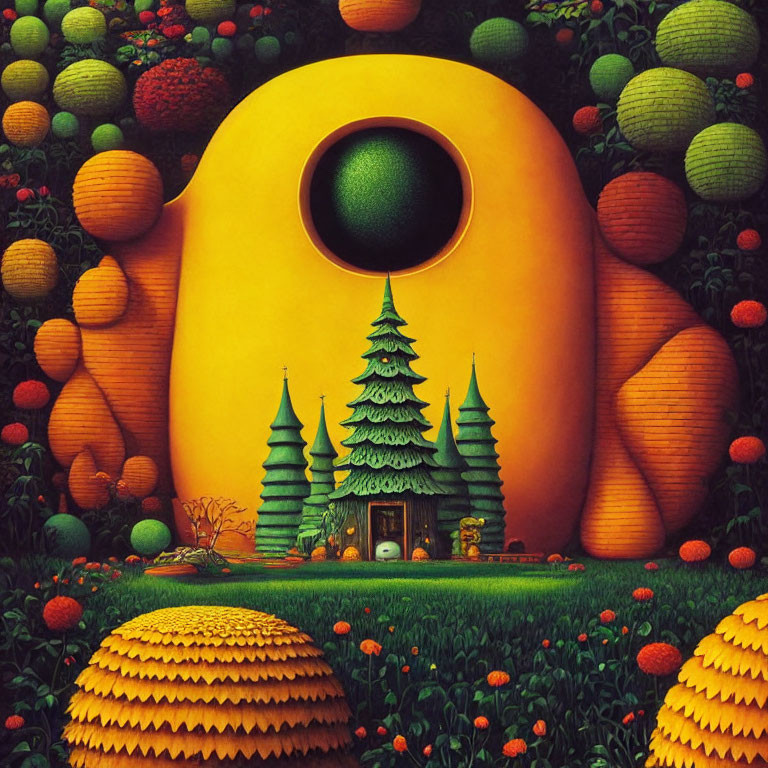 Colorful Landscape with Yellow Egg-Shaped Structure and Fruit-Like Objects