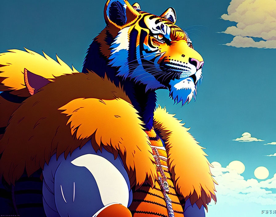 Majestic tiger with human-like features in orange jacket against blue sky