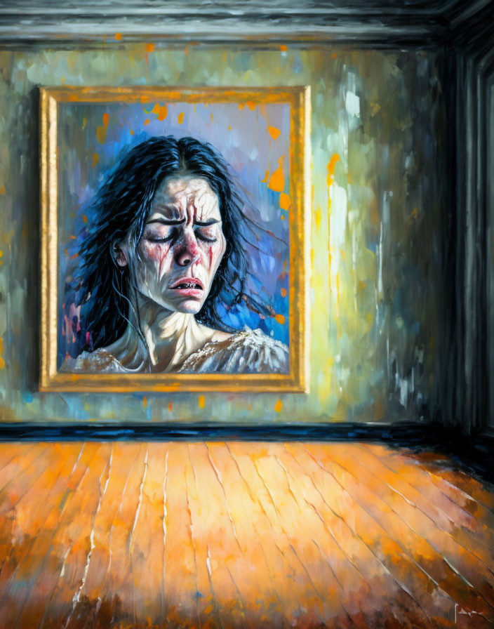 Distressed woman painting with orange and blue hues in a dark gallery