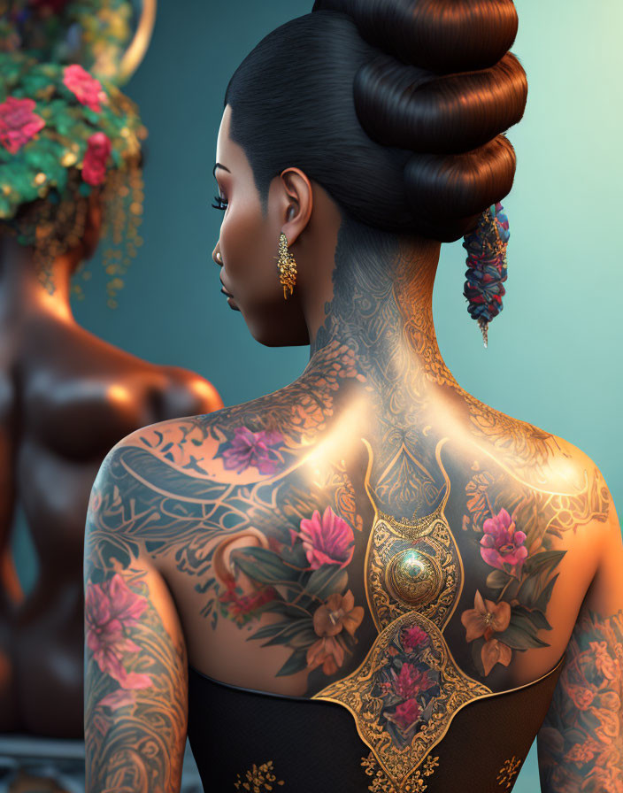 Elaborately tattooed woman in strapless outfit with styled hair