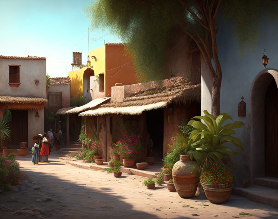 Traditional Street Scene with Adobe Houses and Person Walking