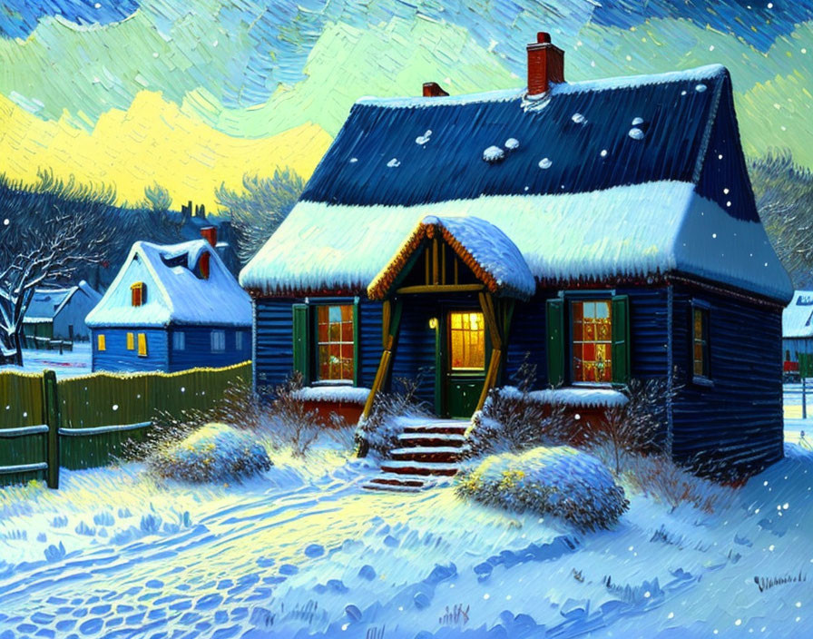 Snowy Evening Scene: Cozy Cottage with Illuminated Windows