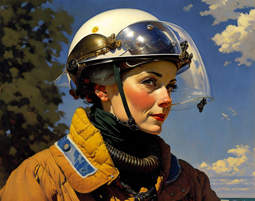 Woman in pilot helmet and goggles with trees and sky.