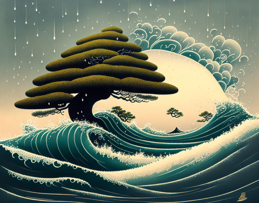 Illustration of tree with expansive canopy on wave crest blending nature with Japanese wave art.