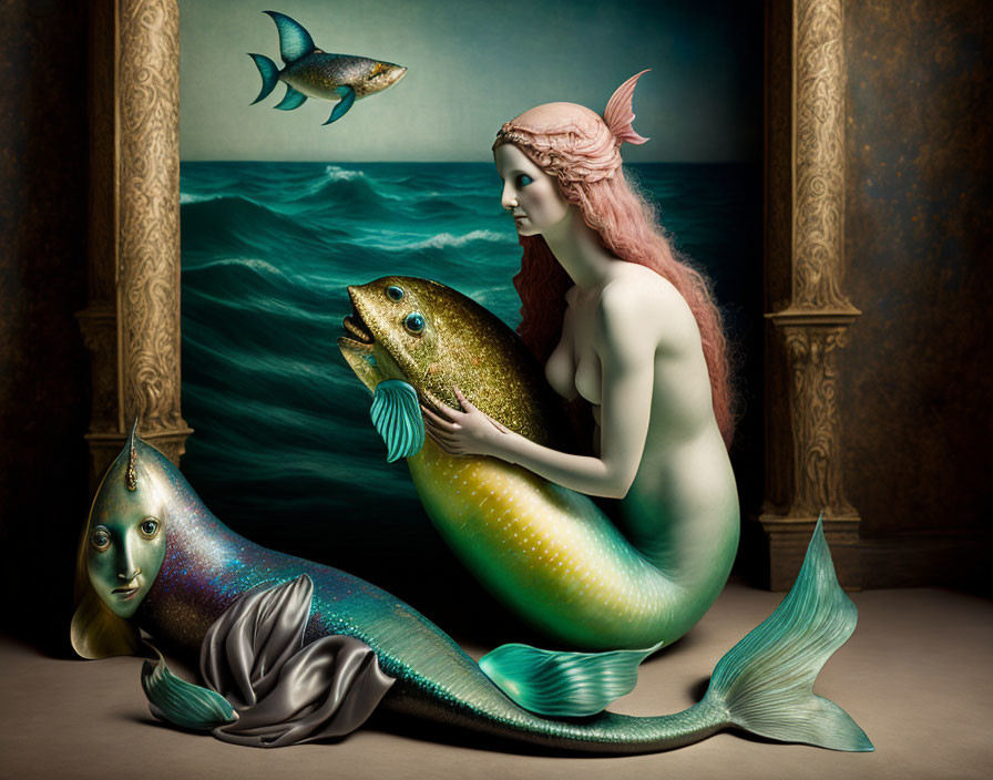 Mermaid with fish tail and pink hair beside fish with human-like face in classical room.