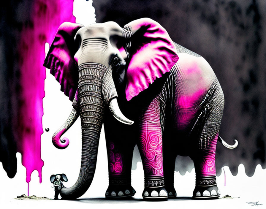 Vibrant pink and purple elephant illustration with tiny figure beside it