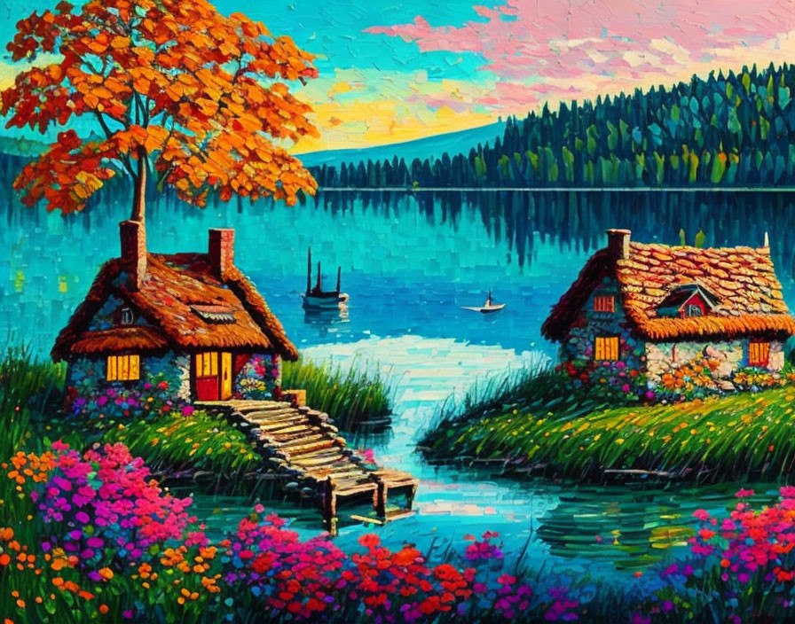 Scenic painting of cottages by lake with flowers and boats