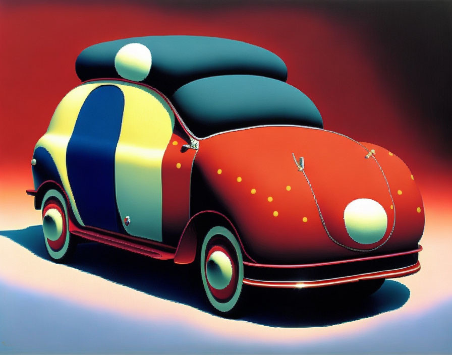 Vibrant stylized car illustration with curved shapes and colorful palette