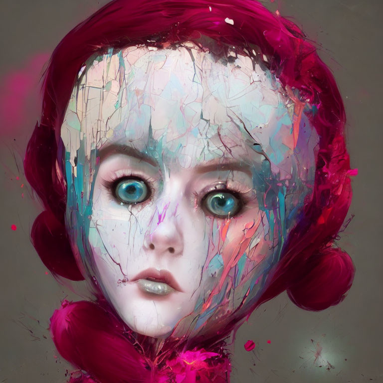 Stylized digital artwork features a female character with blue eyes and red hair, adorned with vibrant,