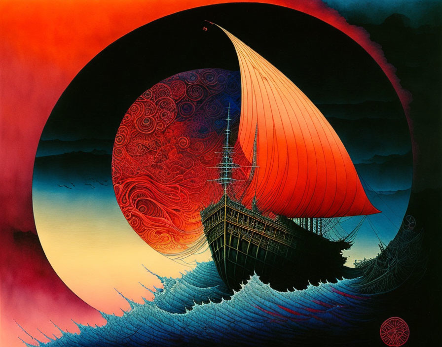 Colorful ship painting with red sail under red moon and swirling waves