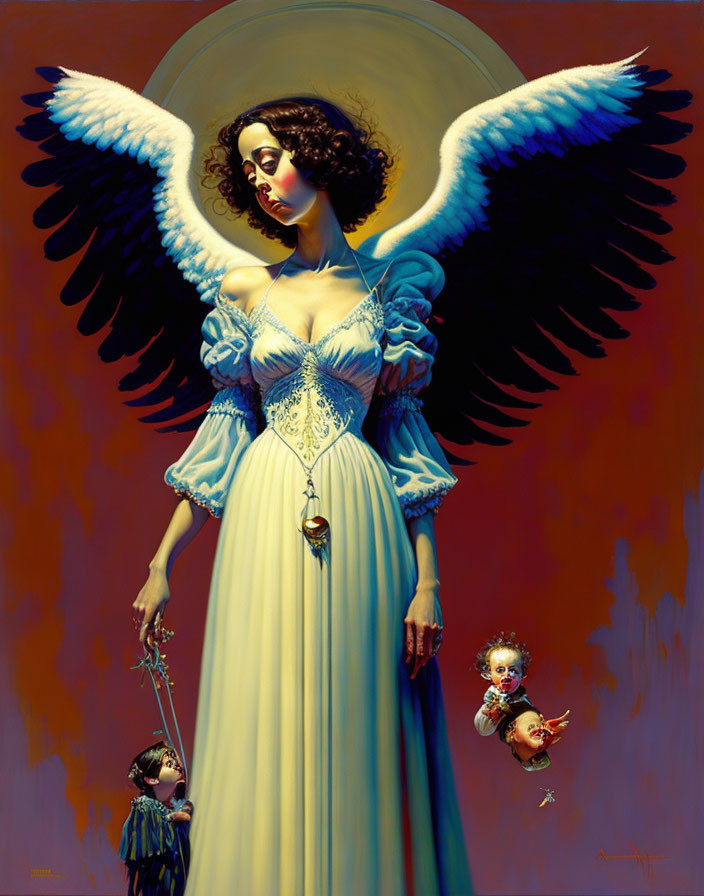 Surreal painting of woman with angel wings and key, between puppet-like figures on red backdrop