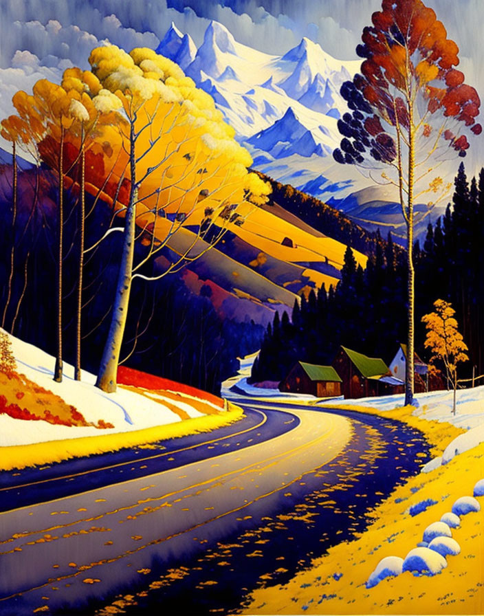 Scenic painting of snowy mountains, autumn trees, cabin, and winding road