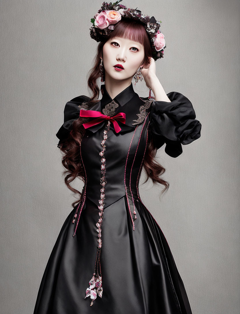 Woman in gothic black dress with lace, red ribbons, floral crown, posing elegantly.