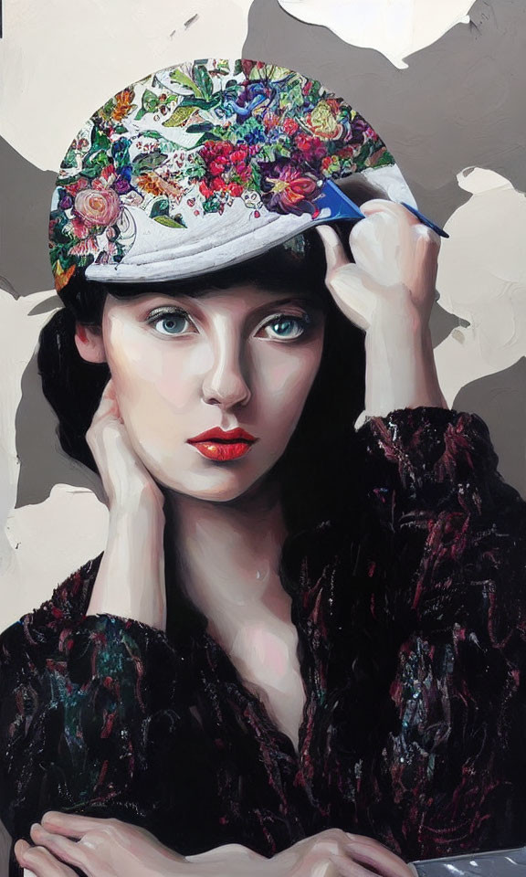 Portrait of a Woman with Striking Blue Eyes and Red Lips in Floral Cap