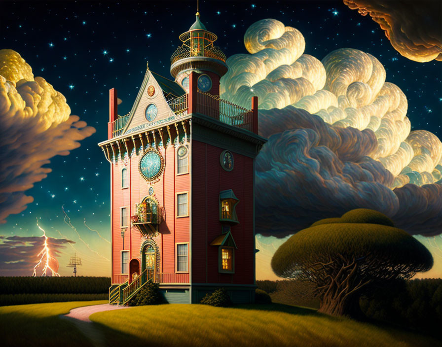 Whimsical red Victorian house in surreal night sky landscape