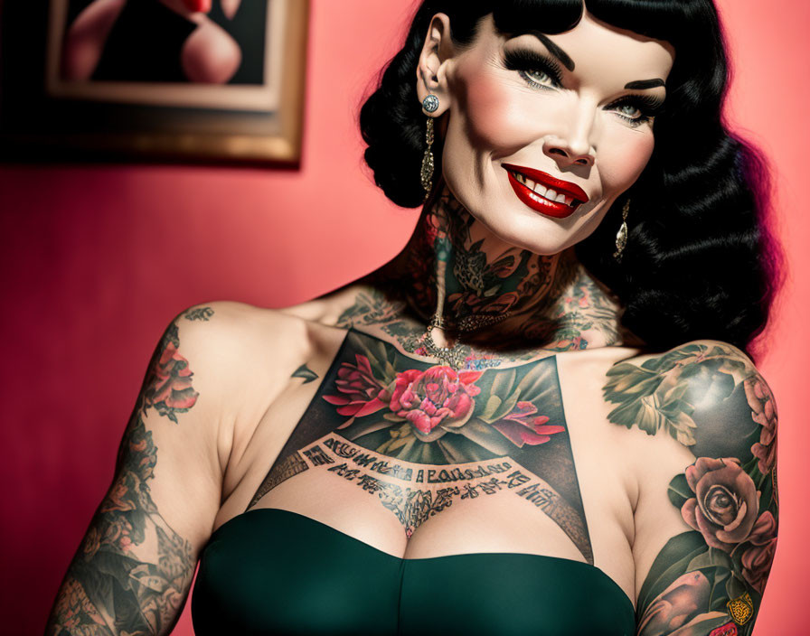 Vintage-styled woman with tattoos in green dress against pink background