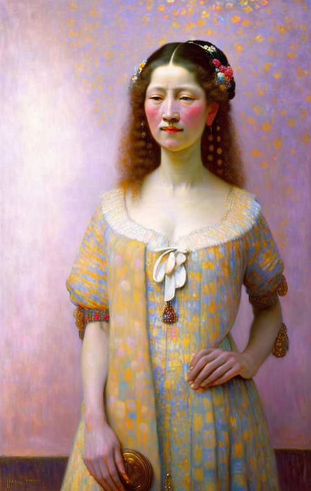 Woman in Yellow Patterned Dress with Fan and Red Cheeks