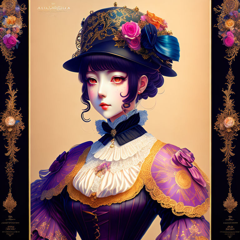 Illustrated portrait of woman in purple and blue Rococo attire with roses on gold background