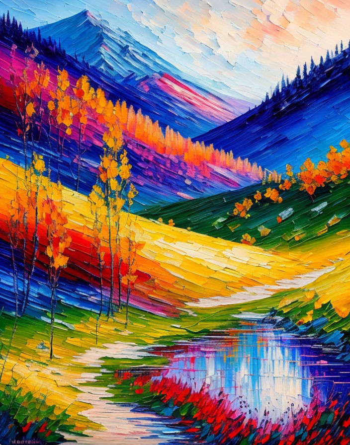 Colorful oil painting of autumn mountain landscape with lake