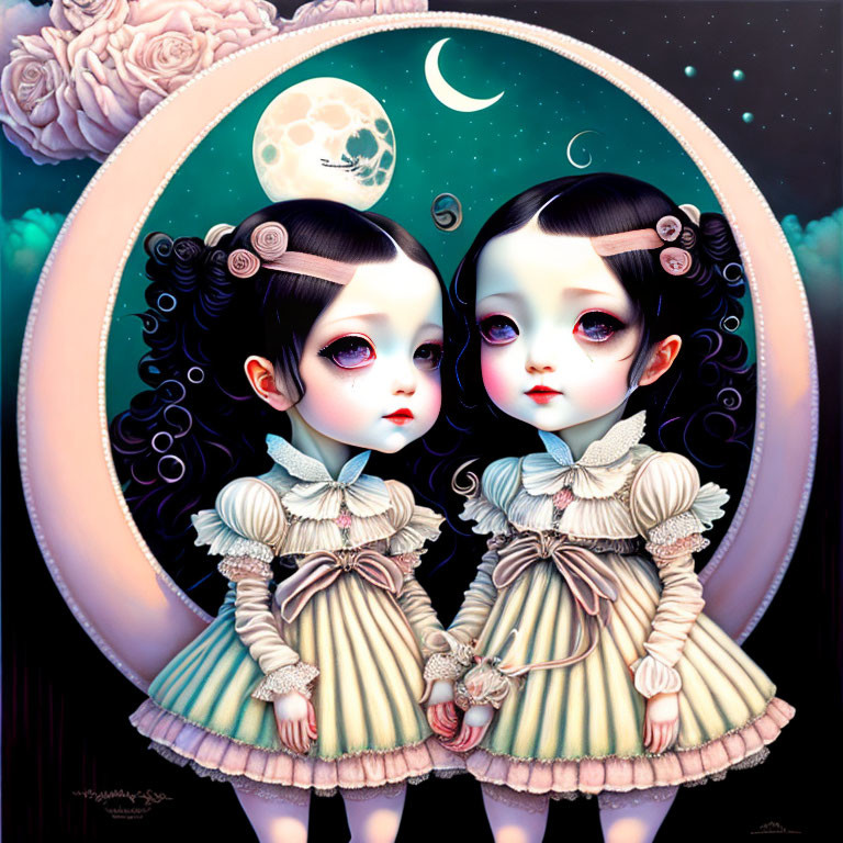 Twin animated girls in lace dresses under moonlit sky