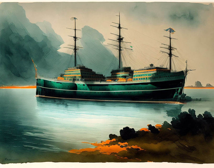 Vintage-style painting: Large sailing ship on calm waters with mountains and warm horizon