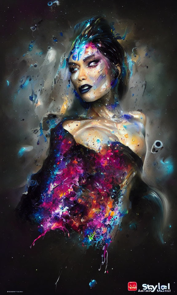 Cosmic-themed body paint and makeup on a woman against starry background