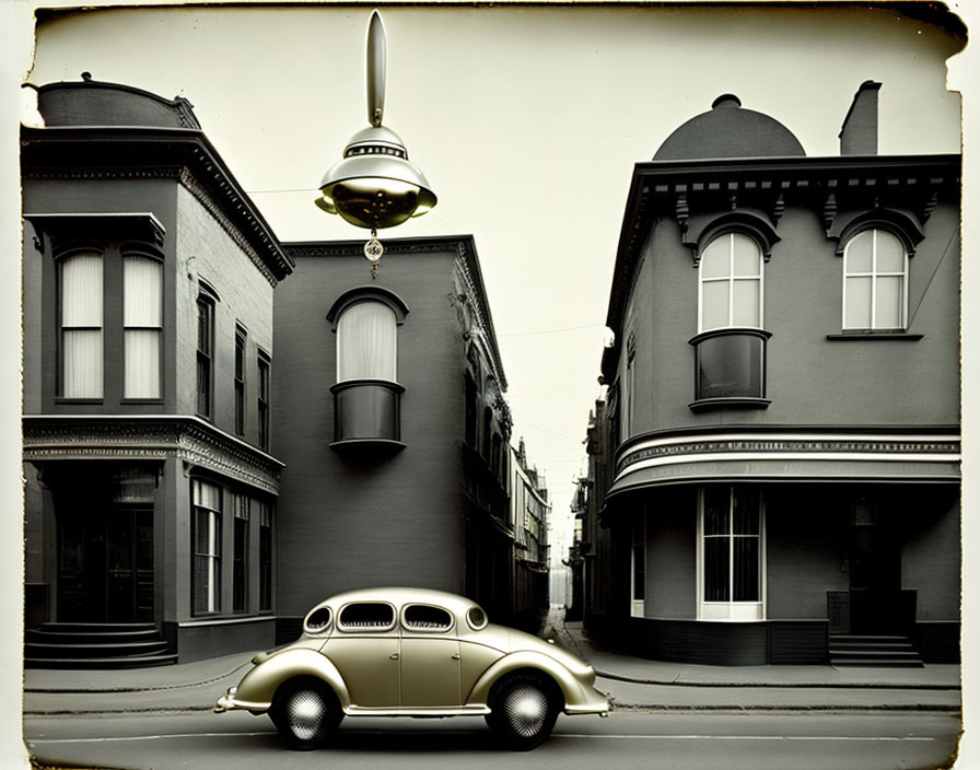 Vintage car on old street with Victorian houses under stylized UFO in sepia-toned photo