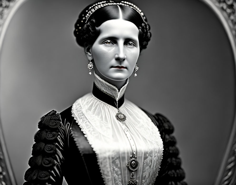 Monochrome portrait of woman in vintage attire with ornate headpiece and high-collared dress