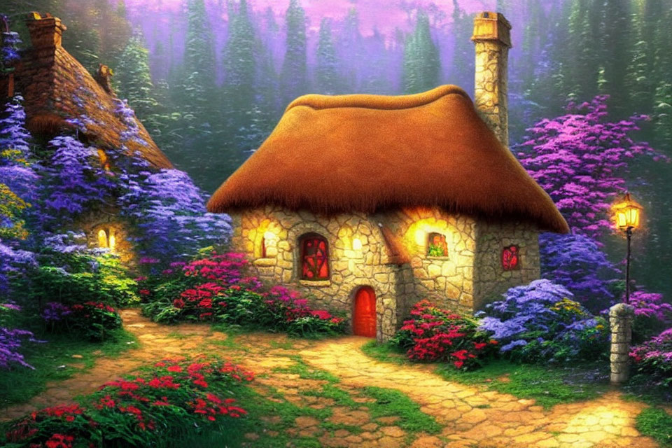 Thatched Roof Stone Cottage in Blooming Forest Clearing at Twilight