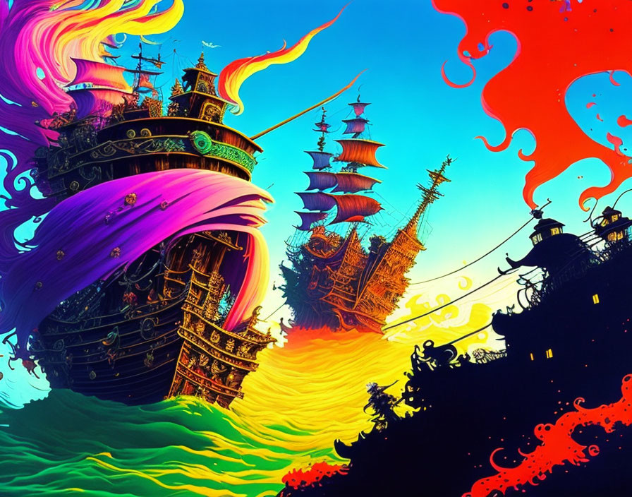 Colorful fantasy seascape with three ships sailing under psychedelic sky